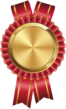 a gold medal with red ribbons