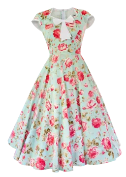 a blue dress with pink roses on it
