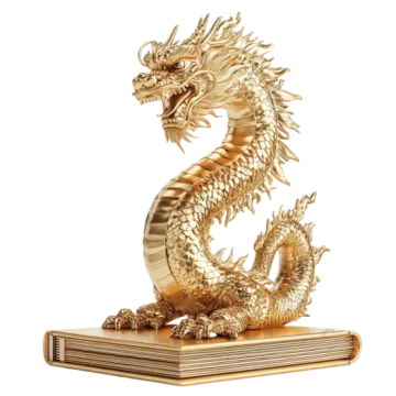a gold dragon statue on a book