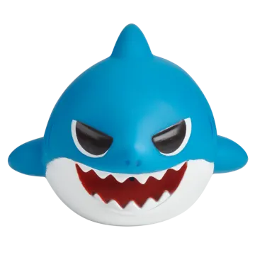 a close up of a blue and white toy shark