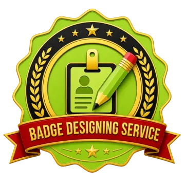 a green badge with a pencil and a red ribbon