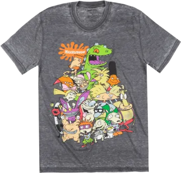 a grey t - shirt with cartoon characters on it