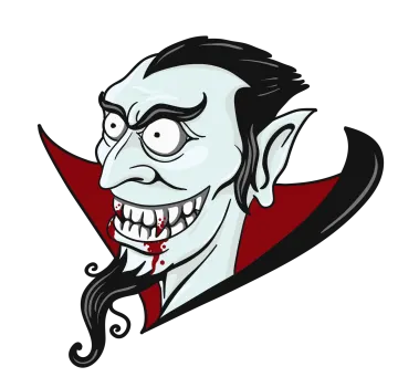 a cartoon vampire with long black hair and fangs