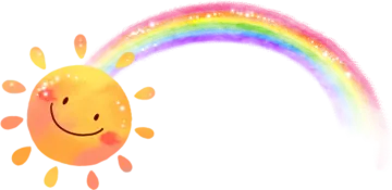 a smiling sun with a rainbow in the background