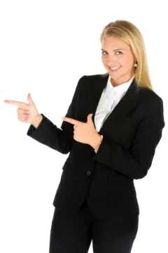 a woman in a business suit pointing at something