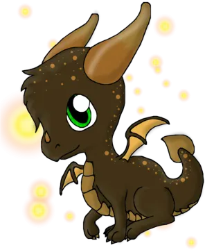 a drawing of a baby dragon with green eyes