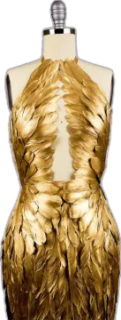 a gold dress with feathers on it