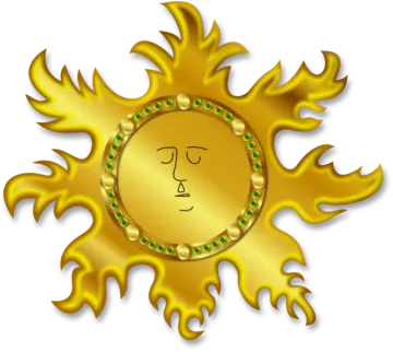 a gold sun with green eyes