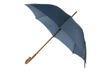a blue umbrella with a wooden handle