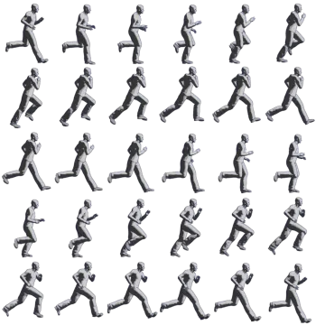 a group of people running across a white surface