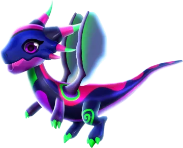 a black and pink dragon with green eyes