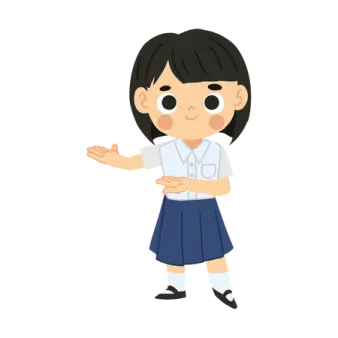 a girl in school uniform pointing at something