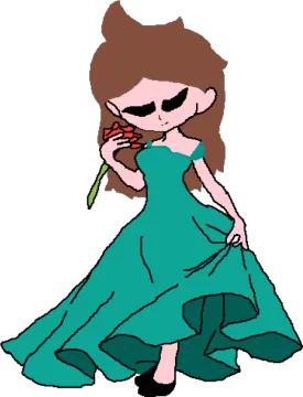 a girl in a green dress holding a flower