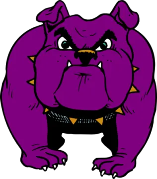 a purple bulldog with an angry look on his face