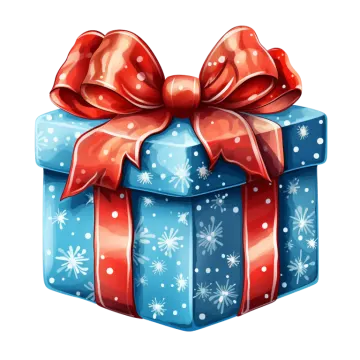 a blue gift box with red ribbon and snowflakes