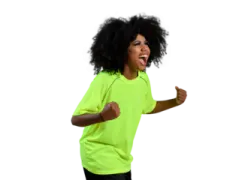 a little girl in a yellow shirt and black pants