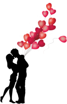 a man and woman kissing with red balloons