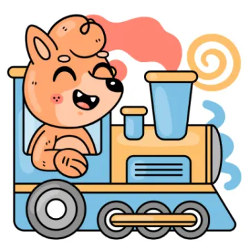 a cartoon dog riding on a toy train