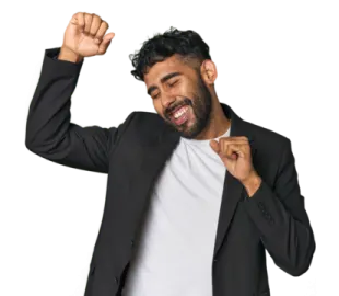 a man in a black suit and white t - shirt