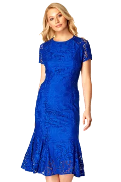 a woman wearing a blue lace dress