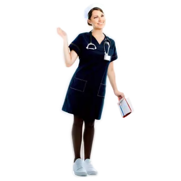 a woman wearing a nurse uniform and holding a clipboard