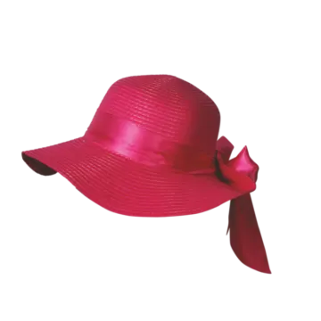 a pink straw hat with a red bow