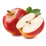 two red apples with green leaves on a white background