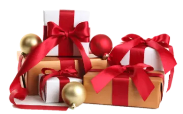 a pile of presents with red bows and gold ornaments