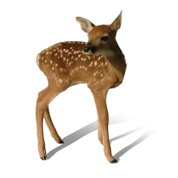 a baby deer standing in front of a white background