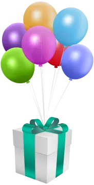 a box with balloons and a green bow