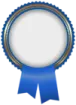 a blue and gold medal with a white background