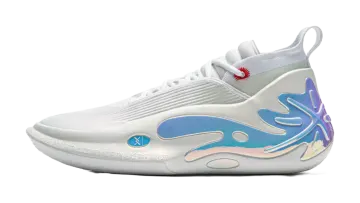 a white and blue shoe with an abstract design