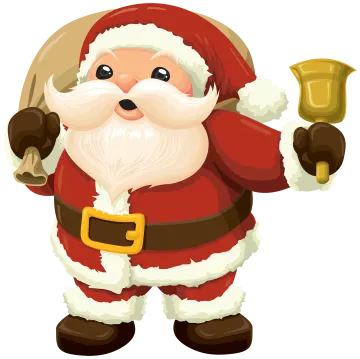a cartoon santa holding a bell in his hand