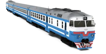 a blue and white train on a white background