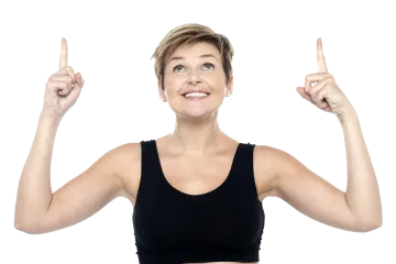 a woman with two fingers up in the air
