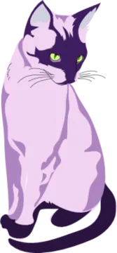 a purple cat with green eyes sitting down