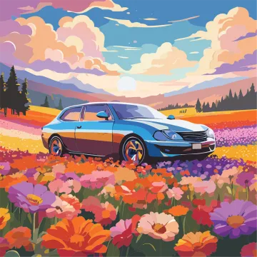 a car parked in a field of flowers
