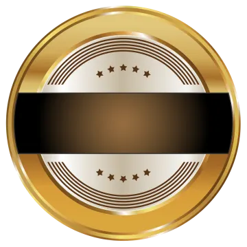 a gold medal with black and white stripes