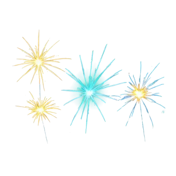 three blue and yellow fireworks on white background