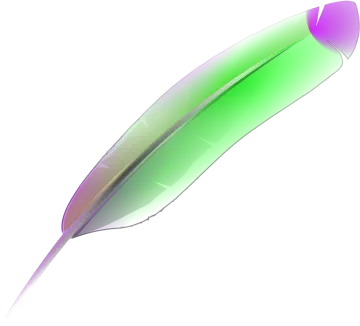 a green and purple feather on a white background
