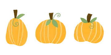 three pumpkins with green leaves on them