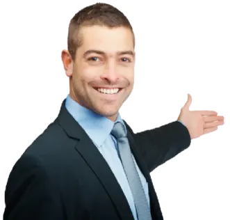 a man in a suit and tie pointing at the camera