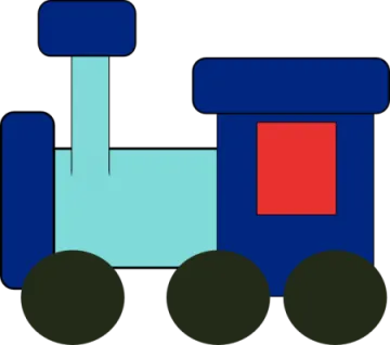 a blue train with red and green wheels