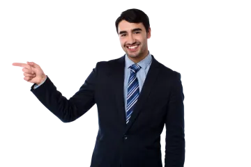 a man in a suit pointing at something
