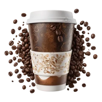 a coffee cup surrounded by coffee beans