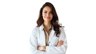 a woman wearing a white lab coat