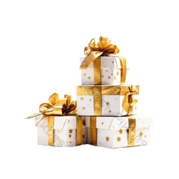 a stack of white and gold wrapped presents