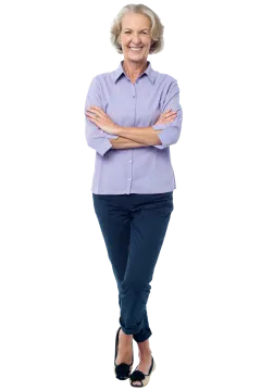 an older woman standing with her arms crossed