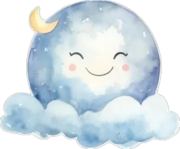 a watercolor drawing of a smiling moon in the clouds
