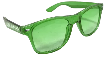 a pair of green sunglasses on a white background
